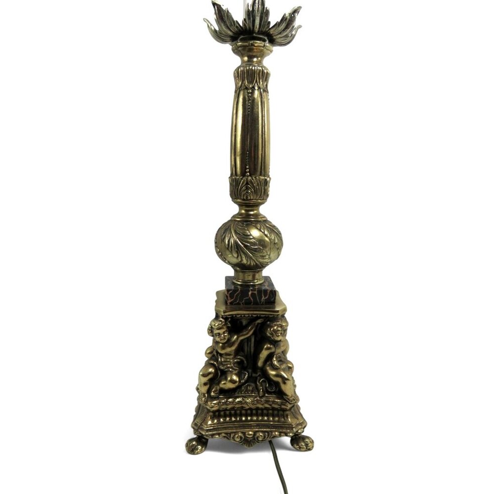 Vintage CHERUB Angel TABLE LAMP Metal Brass Finish Black and Orange Marble 34"